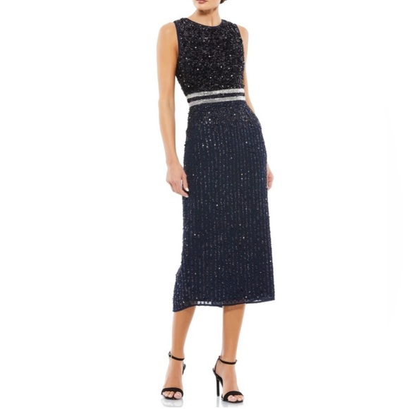 Mac Duggal Navy Blue High Neck Vertical Sequins Midi Sheath Dress - Reemoly